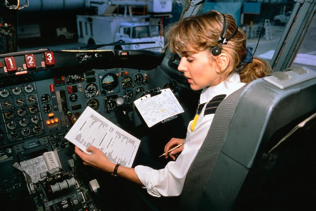 a woman sitting in the cockpit of a plane.
